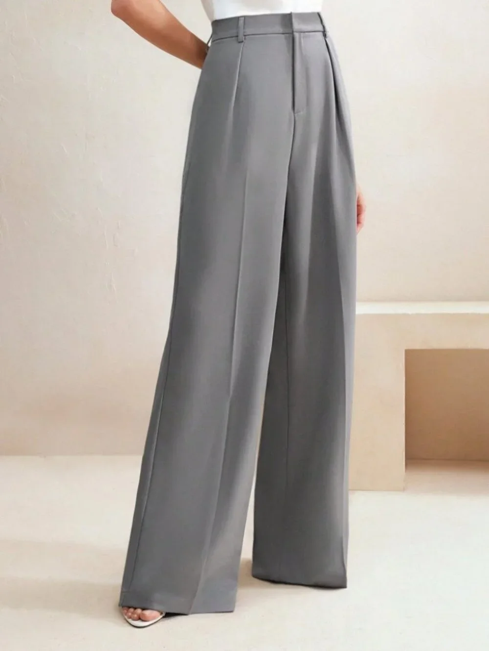 Gray Wide-Leg Suit Pants Tailored Trousers